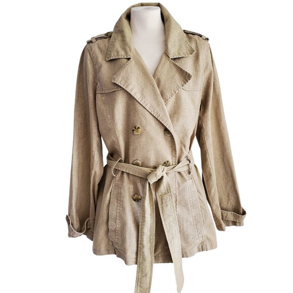 Old Navy Natural Linen Cotton Double Breasted Belted Short Trench Coat Jacket L - Picture 2 of 16